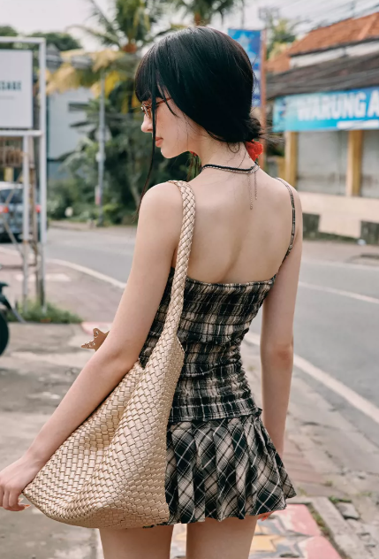 Brown Plaid Cami Mini Dress With Lace Trim And Pleated Skirt R9285