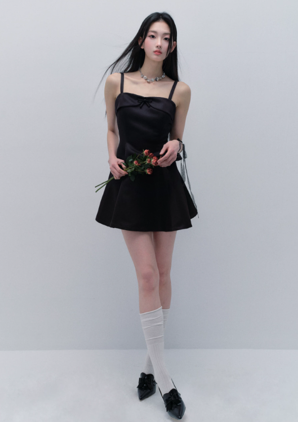 Black Satin Spaghetti Strap Mini Dress With Bow Detail And Flared Skirt R9436