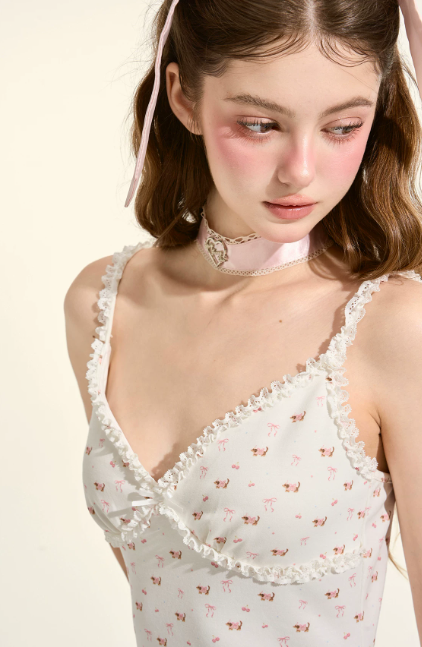 White Coquette V Neck Lace Cami Mini Dress Cute Bow Floral Print Sleeveless Bodycon Party Dress R9297