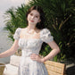 Blue Floral Square Neck Puff Sleeve Midi Dress R9121
