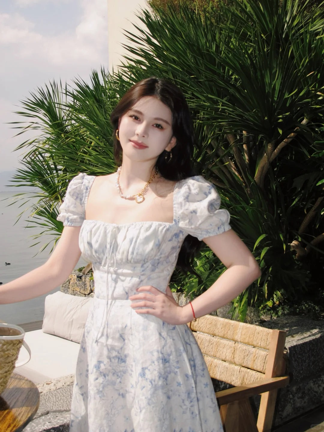 Blue Floral Square Neck Puff Sleeve Midi Dress R9121