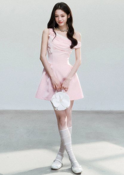 Pink Satin One Shoulder Mini Dress Women With Lace Trim And Rose Detail R9416