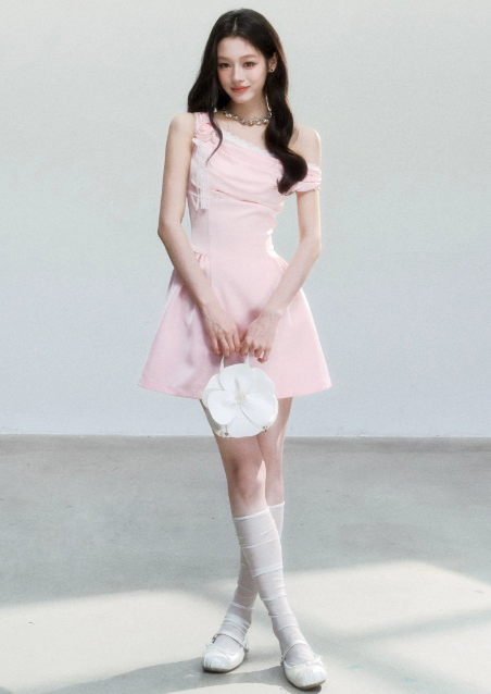 Pink Satin One Shoulder Mini Dress Women With Lace Trim And Rose Detail R9416