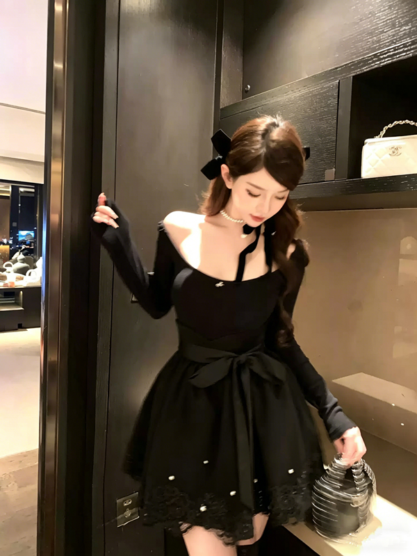 Balletcore Off-Shoulder Lace Trim Mini Dress with Bow Waist R9165