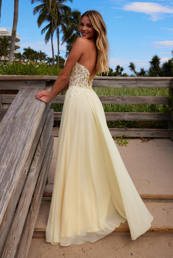 Embroidered Flowy Chiffon Corset Prom Gown , Ivory Women's Maxi Evening Dress RS2504
