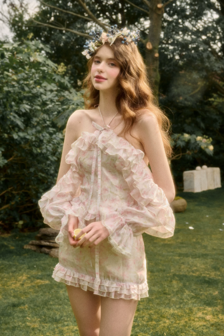 Fairycore Pink Floral Dress with Off Shoulder Ruffle Sleeves, Halter Neck and Layered Skirt R9272