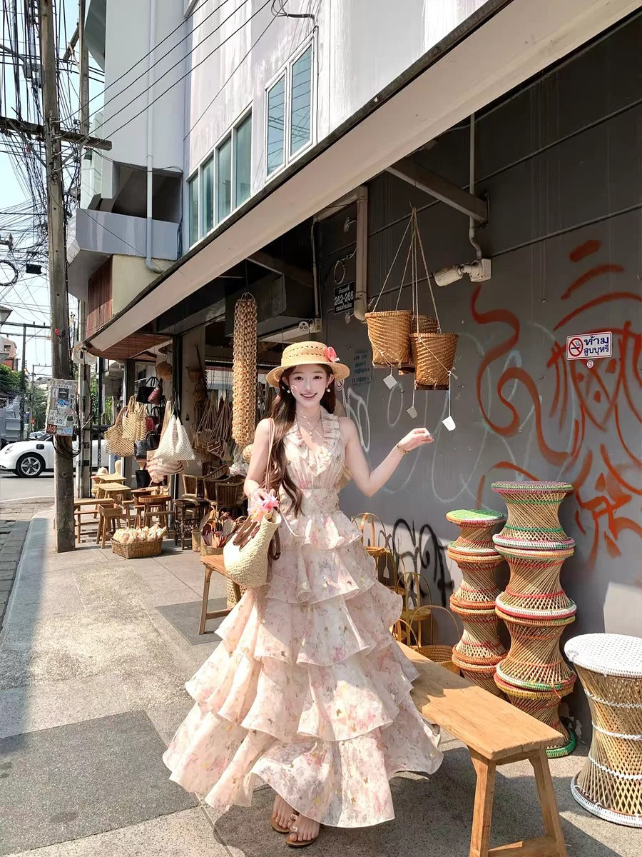 Ruffle V-Neck Floral Chiffon Vacation Dress R9123