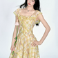 Yellow Plaid Floral Print Dress Women With Lace Ruffle Trim And Square Neck R9420