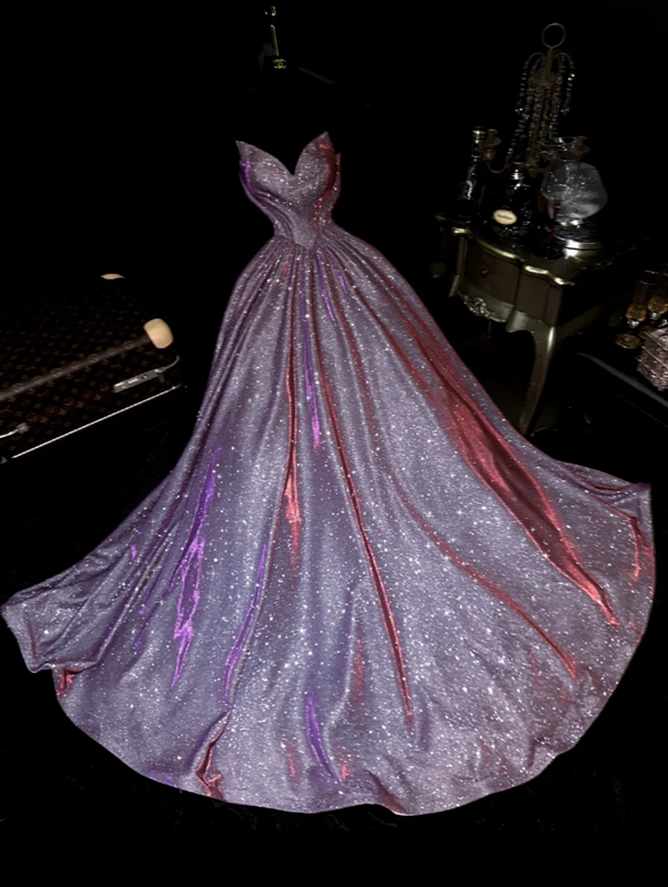 Purple sequined strapless dress with a fitted waist and a full skirt, a ball gown R6408