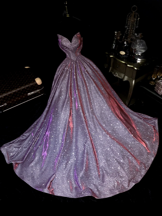 Purple sequined strapless dress with a fitted waist and a full skirt, a ball gown R6408
