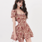 Hot girl floral print puff sleeve backless fitted waist short dress R9374