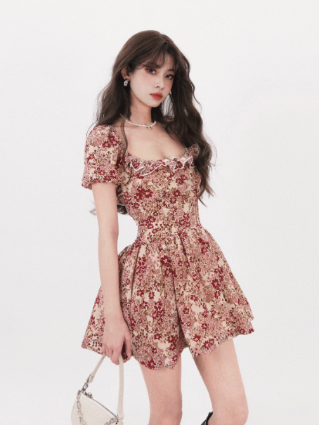 Hot girl floral print puff sleeve backless fitted waist short dress R9374