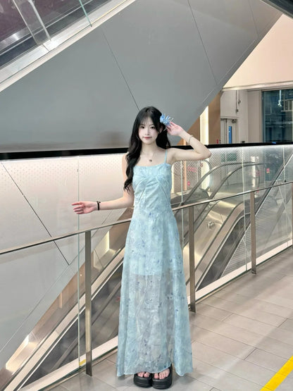 Light Blue Floral Spaghetti Strap Maxi Dress R9119