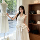 Elegant White Striped Halter Neck Dress with Ruffle V-Neck and A-Line Skirt R9129