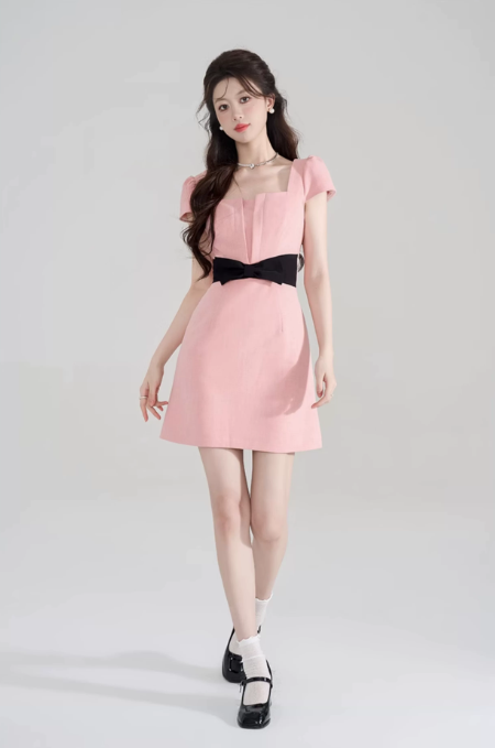 Pink & Black Contrast Dress, Women's Square Neck with Black Bow Waist A-Line Mini Dress R9337