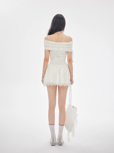 French Mini Dress, White Off-Shoulder Ruched Bodycon With Lace Hem R9380