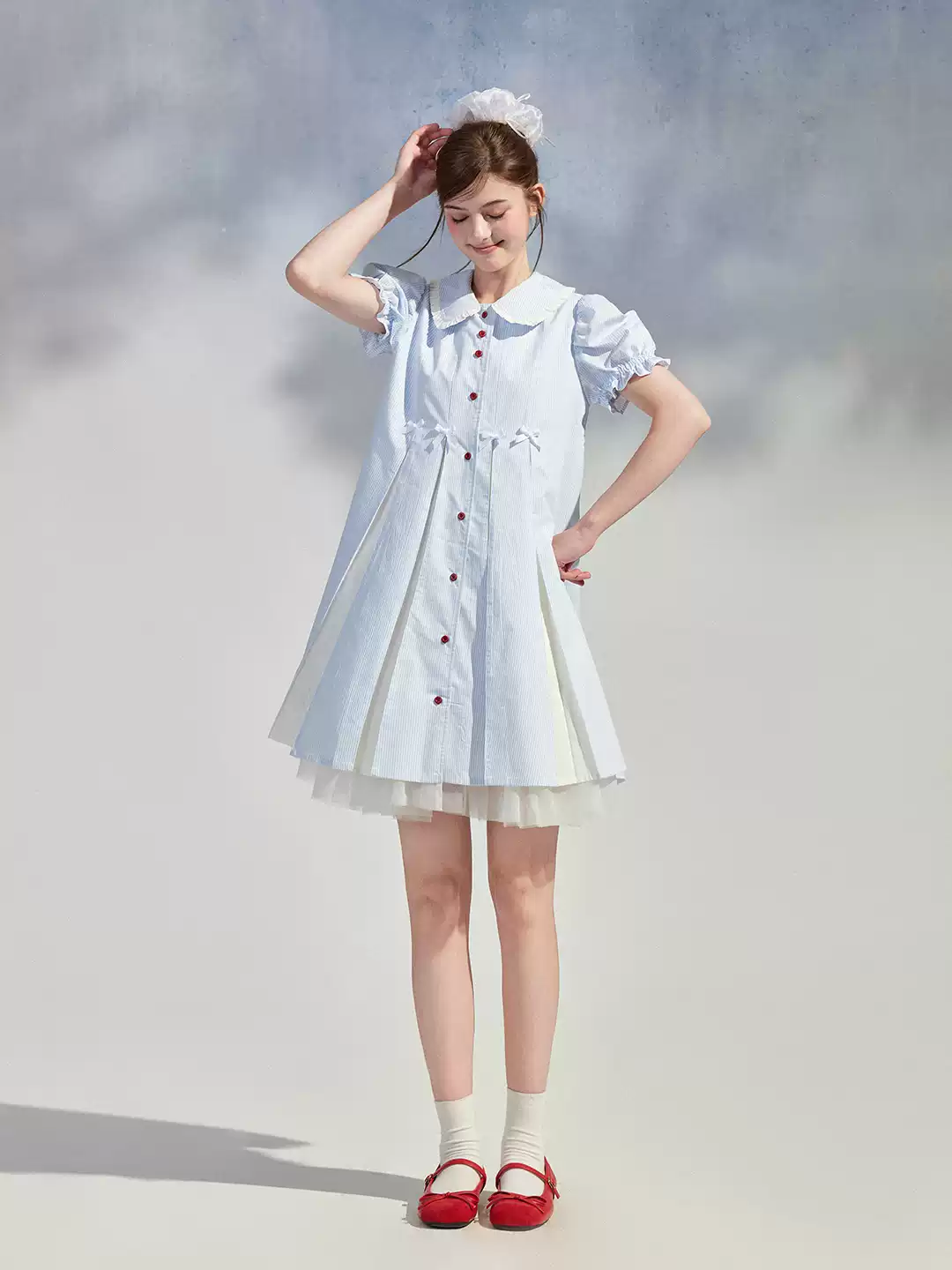 Light Blue Striped Peter Pan Collar Dress with Puff Sleeves R9214