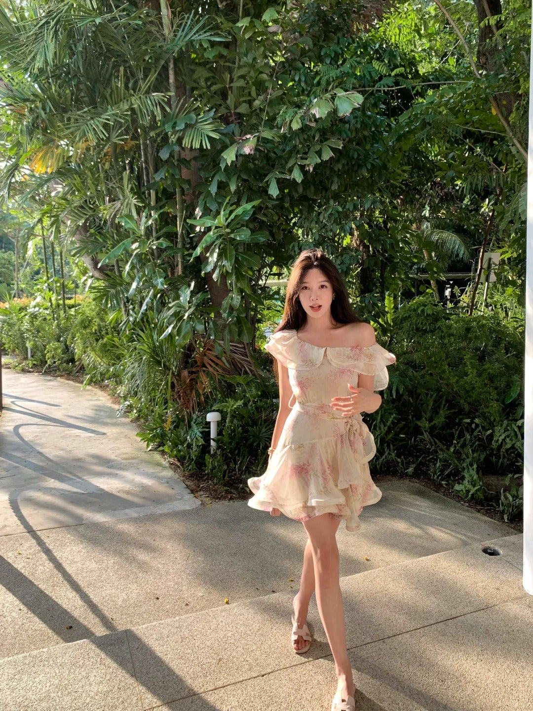 Romantic Off-Shoulder Floral Mini Dress with Ruffle Trim & Waist Tie R9146