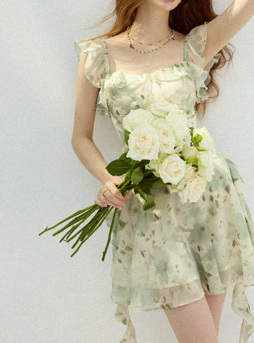 Light Green Floral Print Ruffle Mini Dress Women With Square Neck And Asymmetric Hem R9490