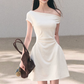 Off-White Off-Shoulder Mini Dress Women Ruched Waist A-Line Dress with Pockets R9361