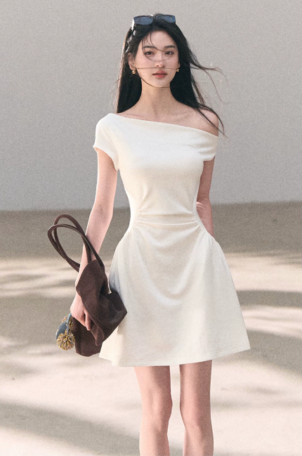 Off-White Off-Shoulder Mini Dress Women Ruched Waist A-Line Dress with Pockets R9361