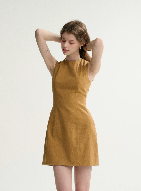 Camel Linen-Blend Sheath Dress Women With Round Neck And Sleeveless Design R9460