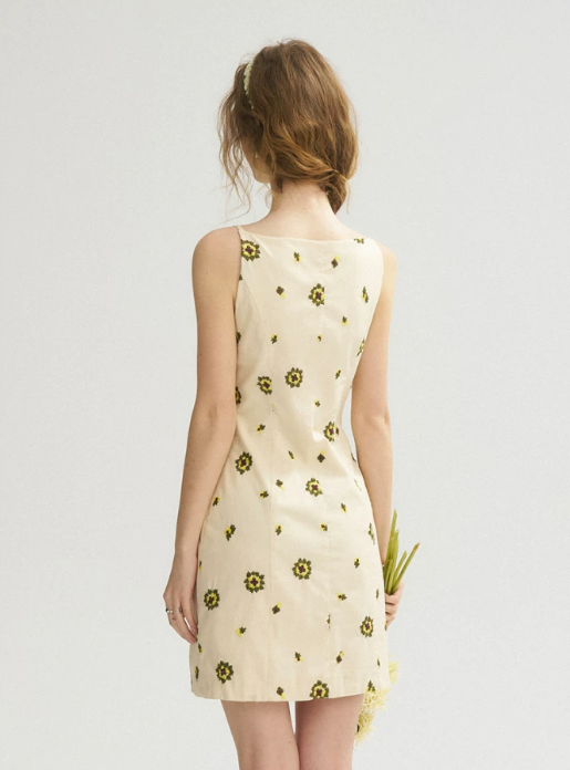 Beige Floral Embroidered Cami Mini Dress Women With Button Front Detail R9478
