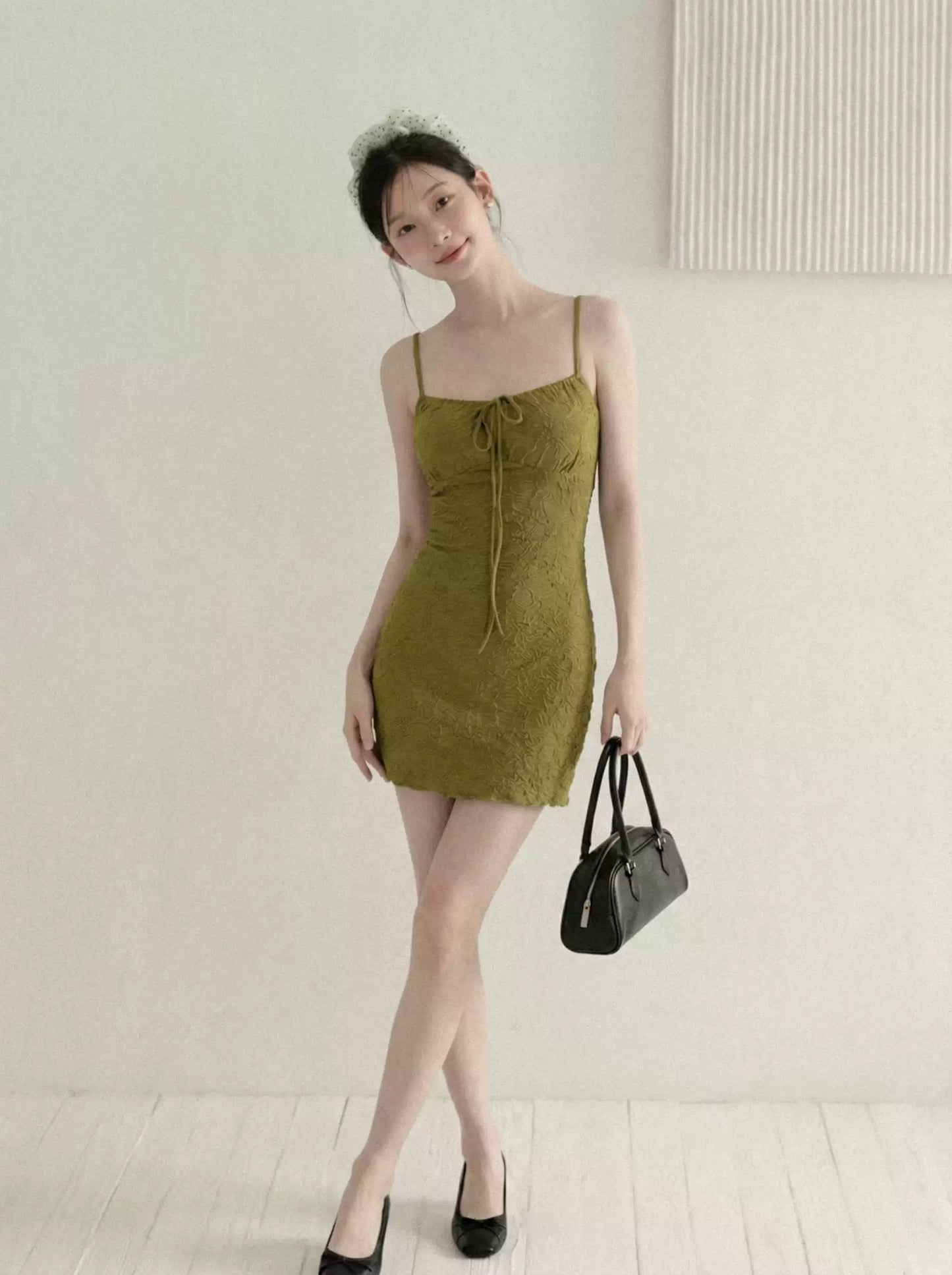 Olive Green Lace Cami Mini Dress with Tie Front R9172