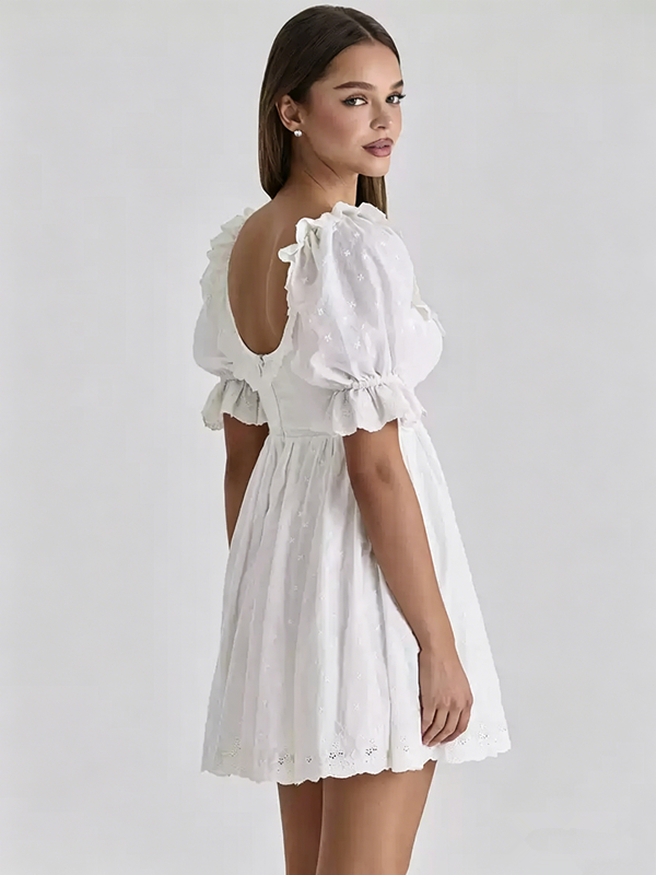 White Puff Sleeve Ruffled Babydoll Mini Dress R9138