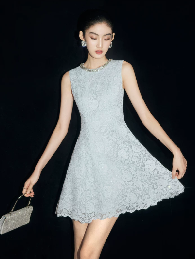 Light Blue Lace Sleeveless Dress with Rhinestone Neckline R9205