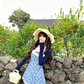 Light Blue Bow Print Cami Dress Women Lace Trim High Waist A-Line Mini Dress R9349