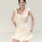 French Style Slim Fit Sleeveless Bodycon Dress with Bow Detail and Faux Fur Trim R9369