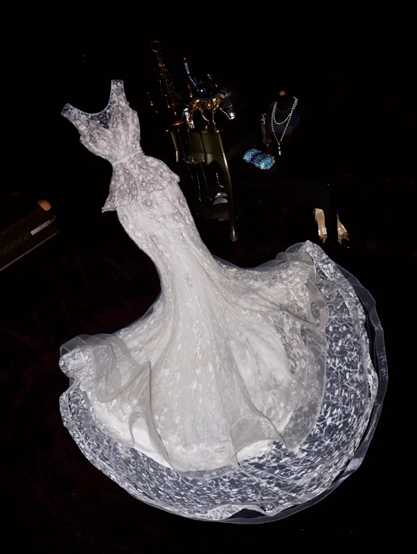 White tank top with beaded lace-up fitted long ball gown R6887