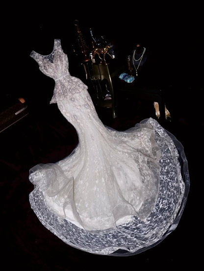 White tank top with beaded lace-up fitted long ball gown R6887