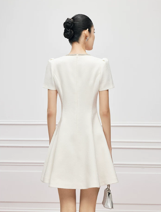 Cream White Short Sleeve Party Dress with Sparkling Neckline R9206
