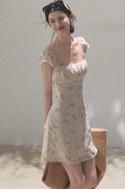 Sweet Style White Pink Floral Halter Dress Slim Fit Casual Party Dress R9358