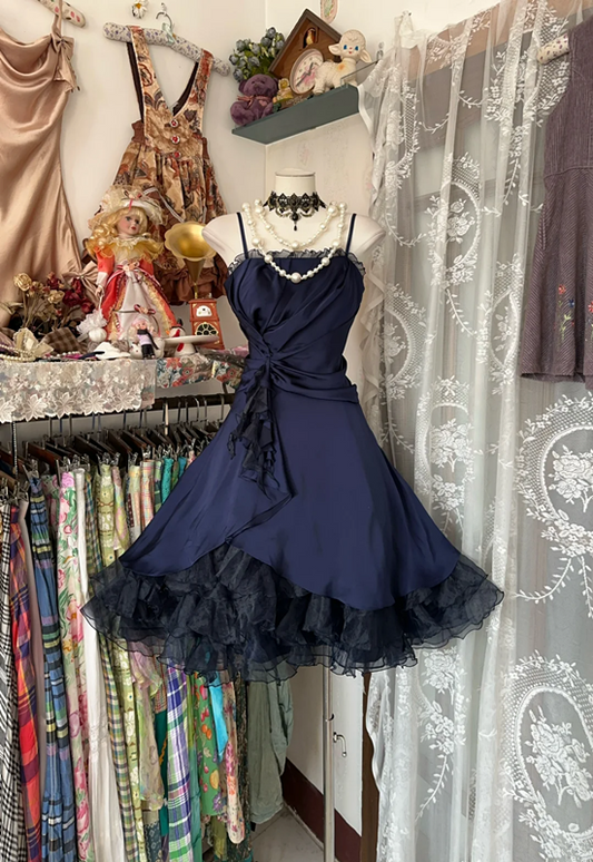 Navy blue halter-neck fitted A-line mini ball gown R6328