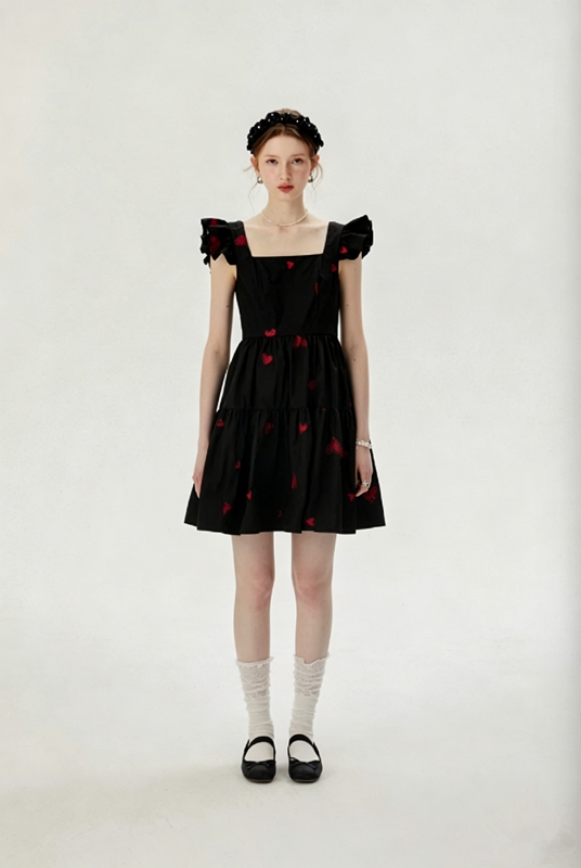 Black Heart Embroidered Mini Dress Women With Ruffled Cap Sleeves R9463
