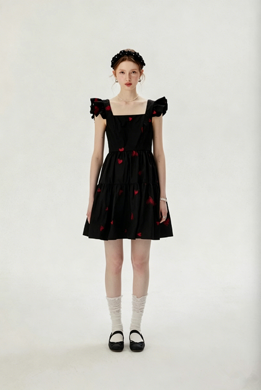 Black Heart Embroidered Mini Dress Women With Ruffled Cap Sleeves R9463