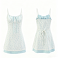 White Floral Cami Dress with Light Blue Tie Front and Elastic Waist R9176