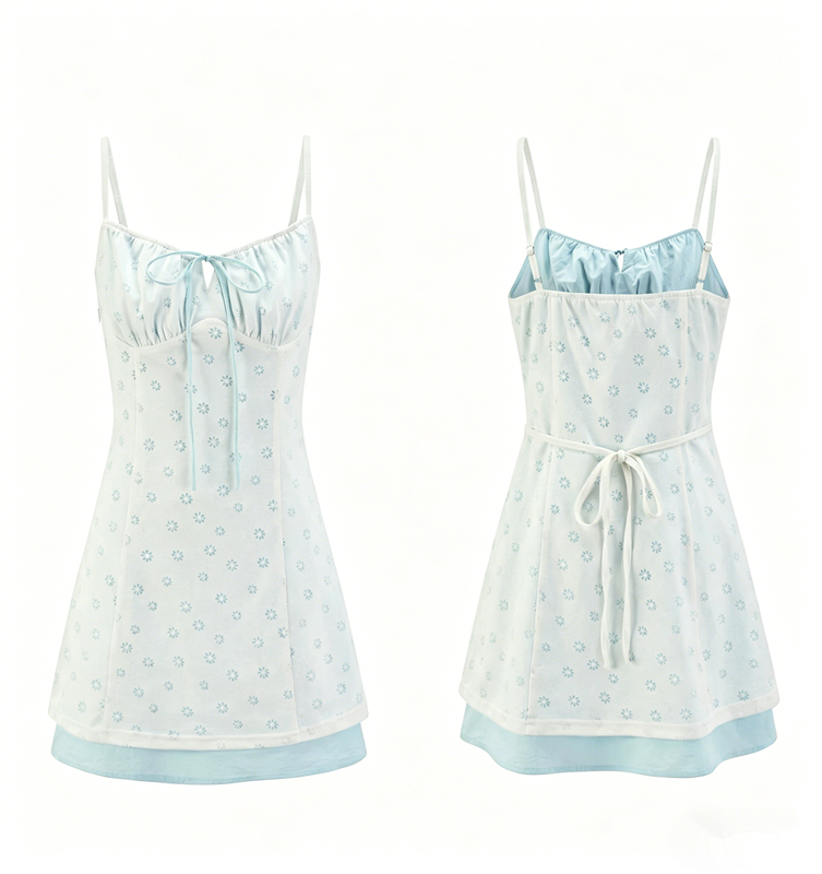 White Floral Cami Dress with Light Blue Tie Front and Elastic Waist R9176
