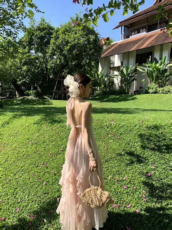 Elegant Pink Satin Ruffle Trim Long Evening Dress with Corset Back Design R9127