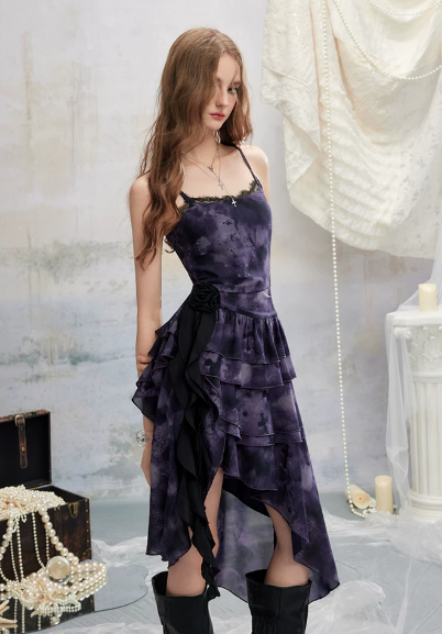 Grunge Style Purple Tie-Dye Cami Dress With Tiered Skirt And Layered Design R9306