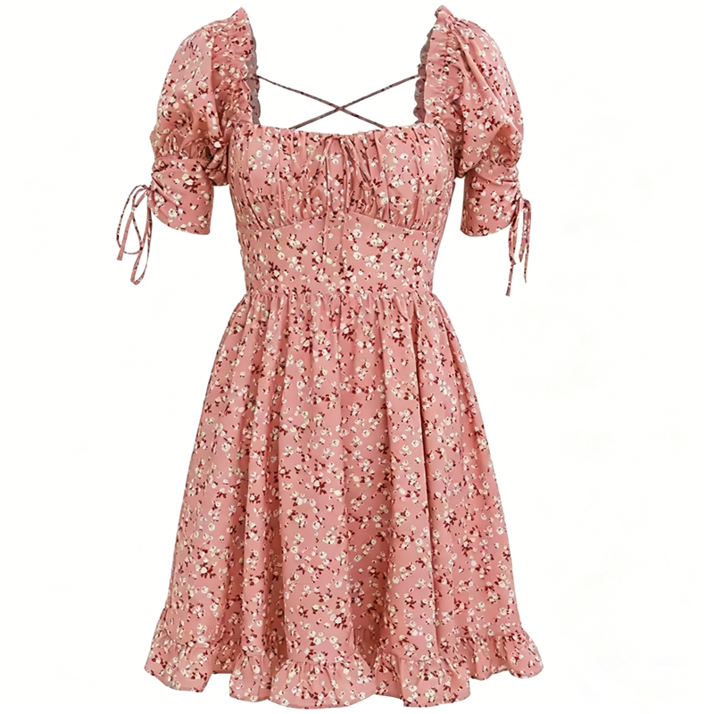 Pink Floral Print Mini Dress Women With Puff Sleeves And Square Neck R9452