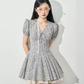 Gingham Plaid Mini Dress Women With V Neck Bow Detail And Tulle Underskirt R9398