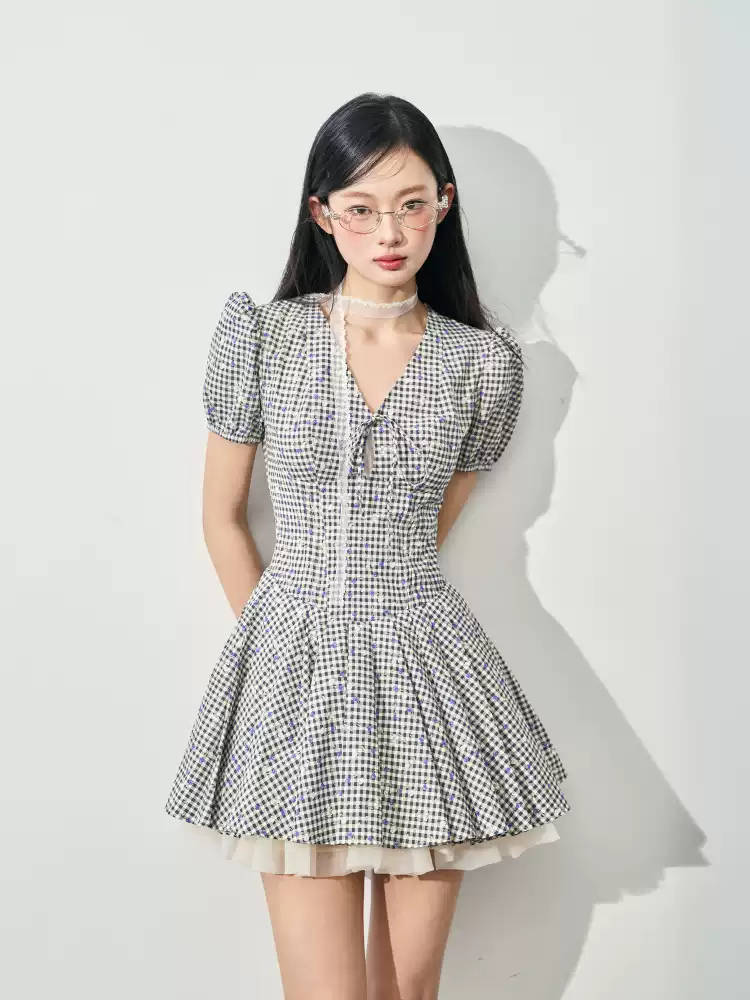 Gingham Plaid Mini Dress Women With V Neck Bow Detail And Tulle Underskirt R9398