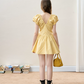 2026 Summer Yellow Puff Sleeve Dress Women, Coquette Black Bow V-Neck A-Line Mini Dress R9324