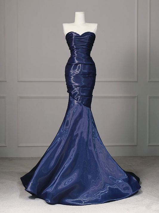 Dark blue satin tube top waist hip fishtail dress, prom dress R5617