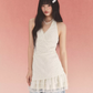 Coquette White Floral Halter Dress with Lace V-Neck, Ruched Front and Layered Ruffle Skirt R9248