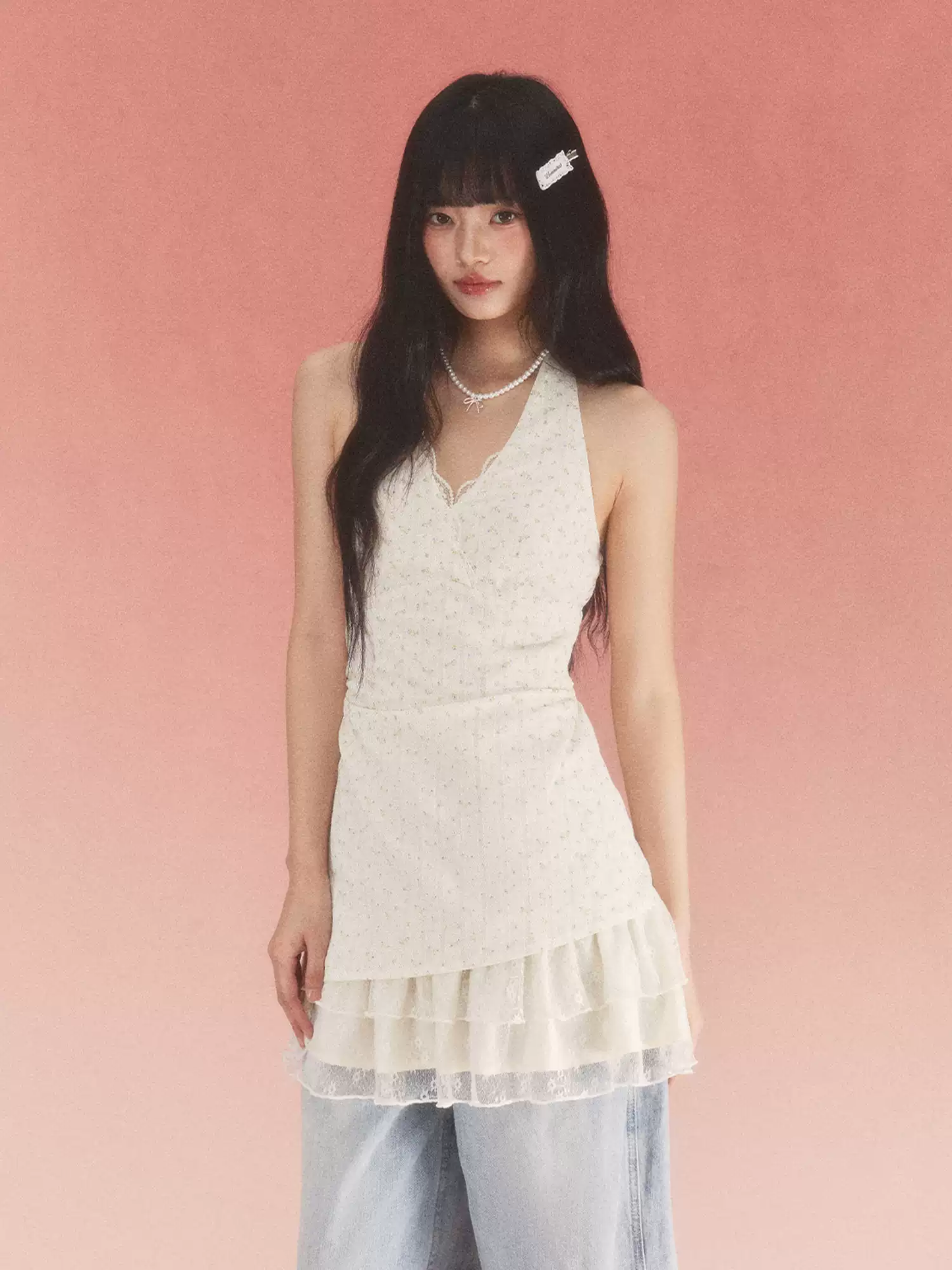 Coquette White Floral Halter Dress with Lace V-Neck, Ruched Front and Layered Ruffle Skirt R9248